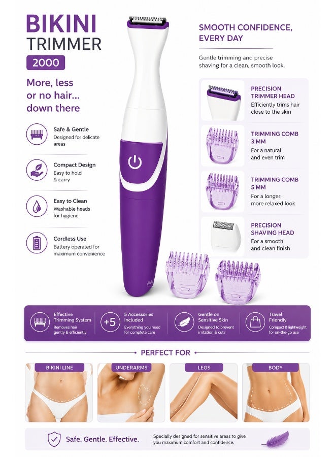 Electric Remover Bikini Trimmer Portable Shaver for Women Shape Face Underarms Body Trim Shave & Style Mini Shaving Head Included Female Hair Removal Machine Battery BRT38315 White Purple - Image 3