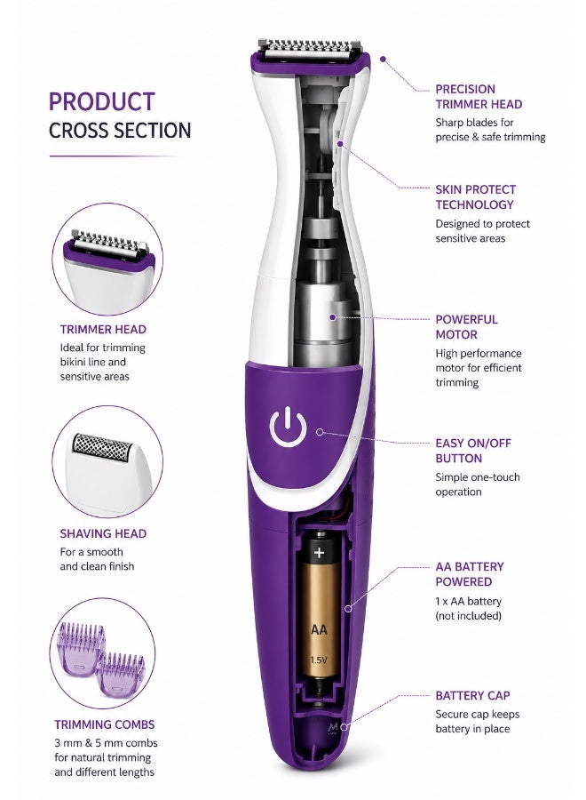 Electric Remover Bikini Trimmer Portable Shaver for Women Shape Face Underarms Body Trim Shave & Style Mini Shaving Head Included Female Hair Removal Machine Battery BRT38315 White Purple - Image 4