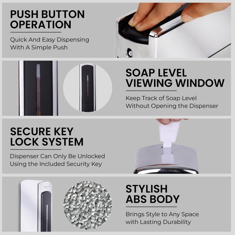 ROBUSTT موزع سائل صابون يدوي مثبت على الحائط - كروم (350 مل، عبوة من 1) مقاوم للتسرب، نافذة شفافة، تركيب سهل - مثالي للحمام، المطبخ، الفنادق، المكاتب - Image 2