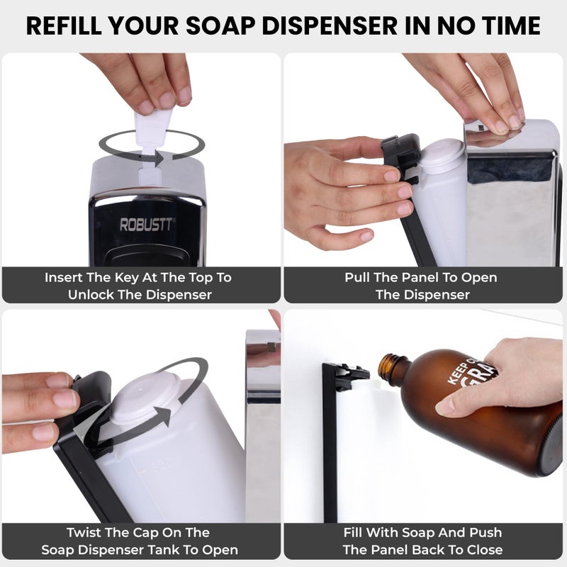 ROBUSTT موزع سائل صابون يدوي مثبت على الحائط - كروم (350 مل، عبوة من 1) مقاوم للتسرب، نافذة شفافة، تركيب سهل - مثالي للحمام، المطبخ، الفنادق، المكاتب - Image 3