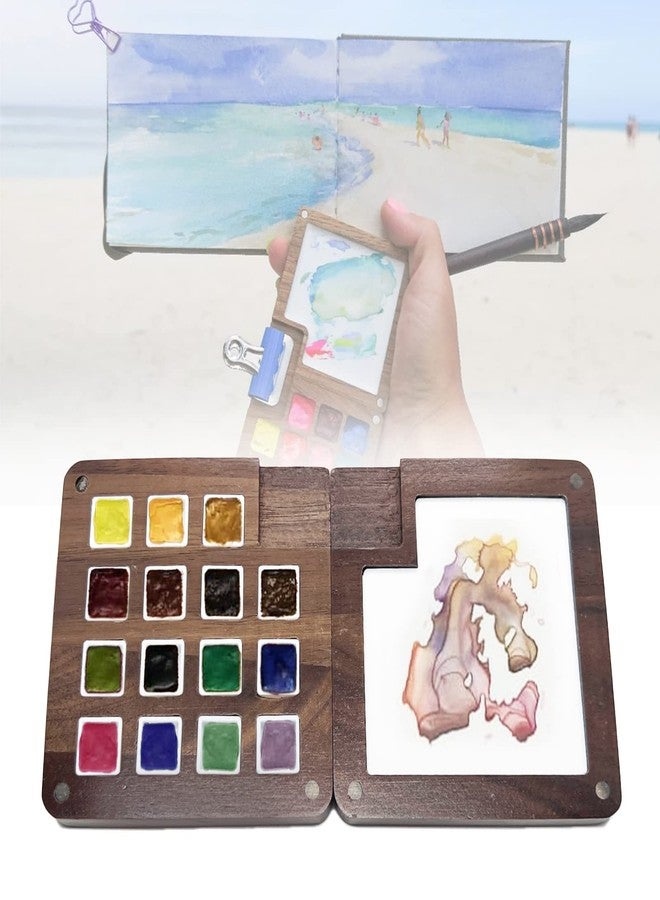 BEMAXYE Portable Travel Watercolor Palette - Walnut Wood Sketchbook Box with Magnetic Mixing Tray, Mini Paint Case for Kids Students Beginners Artists Painting Outdoor, 15-Grids - Image 1