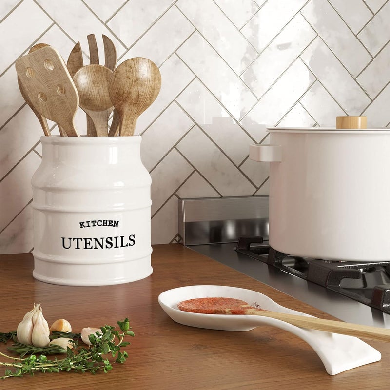 BARNYARD DESIGNS Ceramic Utensil Crock Holder for Kitchen Counter, Rustic Farmhouse Countertop Decor, French Country Organizer for Cooking Utensils, Spatulas and Mixing Spoons, White, 6ââ‚¬Â x 6.75" - Image 3