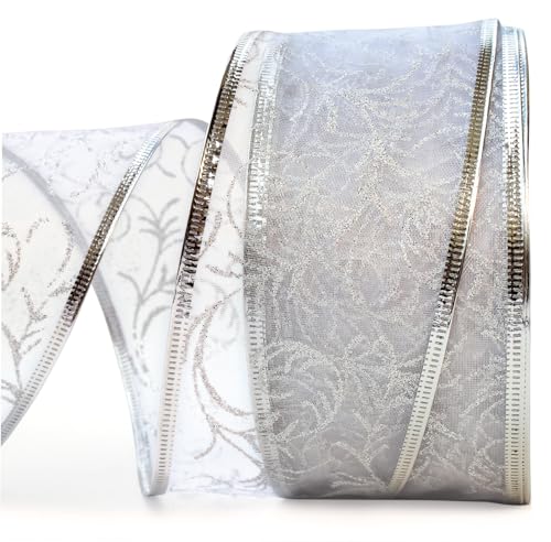 Silver Ribbon Wired Ribbons for Christmas Tree Home Decor Wire Sheer Organza Glitter Metallic Trim Gifts Bows Gift Wrapping Crafts Floral Baskets Xmas Trees 20Yd 25 in Wide 1 Large Roll