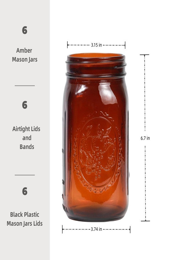 Yodecy 6 Pack 32 oz Amber Wide Mouth Mason Jars with Airtight Lids and Black Plastic Mason Jar Lids, Amber Canning Jars with Lid - Image 2