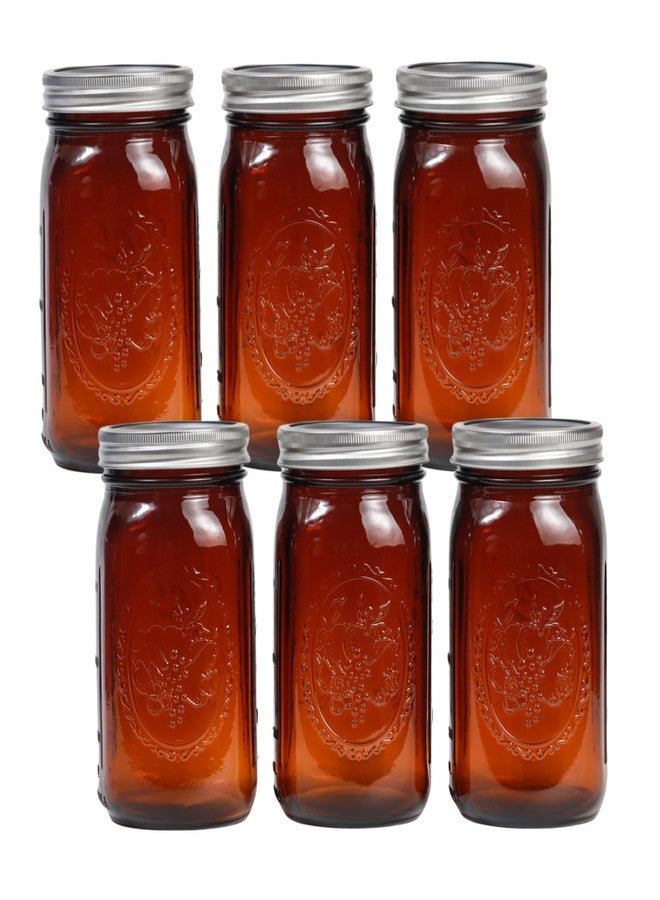 Yodecy 6 Pack 32 oz Amber Wide Mouth Mason Jars with Airtight Lids and Black Plastic Mason Jar Lids, Amber Canning Jars with Lid - Image 1