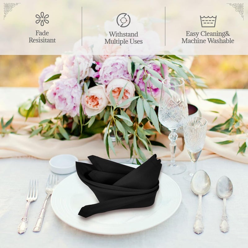 PLOYMONO Black Heavy Duty Polyester Napkins - 17 x 17 Inch Solid Washable Cloth Dinner Napkins - Set of 8 Napkins with Hemmed Edges - Great for Weddings, Parties, Banquets, Halloween, Thanksgiving - Image 2