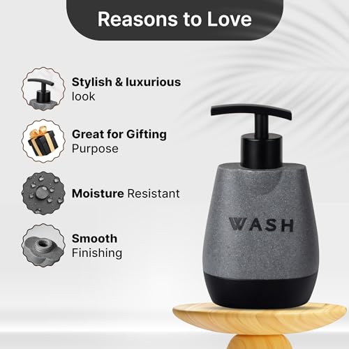 UMAI Premium Polyresin Liquid Soap Dispenser | 250ml | Modern Stylish Kitchen Office Bathroom Dispenser for Kitchen | Non Fragile | Scratch Proof | Moisture Resistant | Grey-Black Color - Image 2