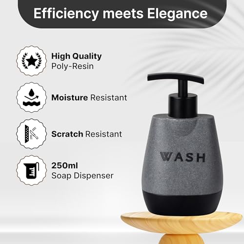UMAI Premium Polyresin Liquid Soap Dispenser | 250ml | Modern Stylish Kitchen Office Bathroom Dispenser for Kitchen | Non Fragile | Scratch Proof | Moisture Resistant | Grey-Black Color - Image 3