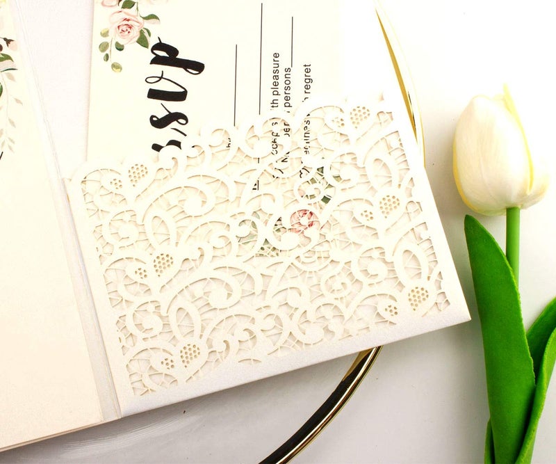 Lucky Star 25pcs 5"x7.28" Ivory Vintage Tri Fold Wedding Invitations Cards pocket Pearl Paper Laser Cut Hollow Carving Greeting invites Covers only no envelope no insert - Image 2