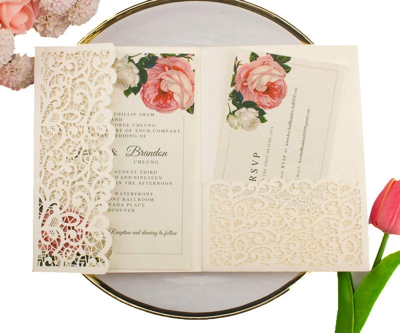 Lucky Star 25pcs 5"x7.28" Ivory Vintage Tri Fold Wedding Invitations Cards pocket Pearl Paper Laser Cut Hollow Carving Greeting invites Covers only no envelope no insert - Image 3
