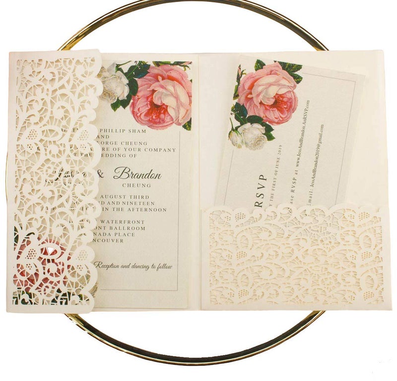 Lucky Star 25pcs 5"x7.28" Ivory Vintage Tri Fold Wedding Invitations Cards pocket Pearl Paper Laser Cut Hollow Carving Greeting invites Covers only no envelope no insert - Image 1