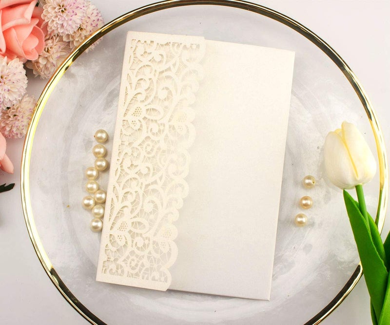 Lucky Star 25pcs 5"x7.28" Ivory Vintage Tri Fold Wedding Invitations Cards pocket Pearl Paper Laser Cut Hollow Carving Greeting invites Covers only no envelope no insert - Image 4