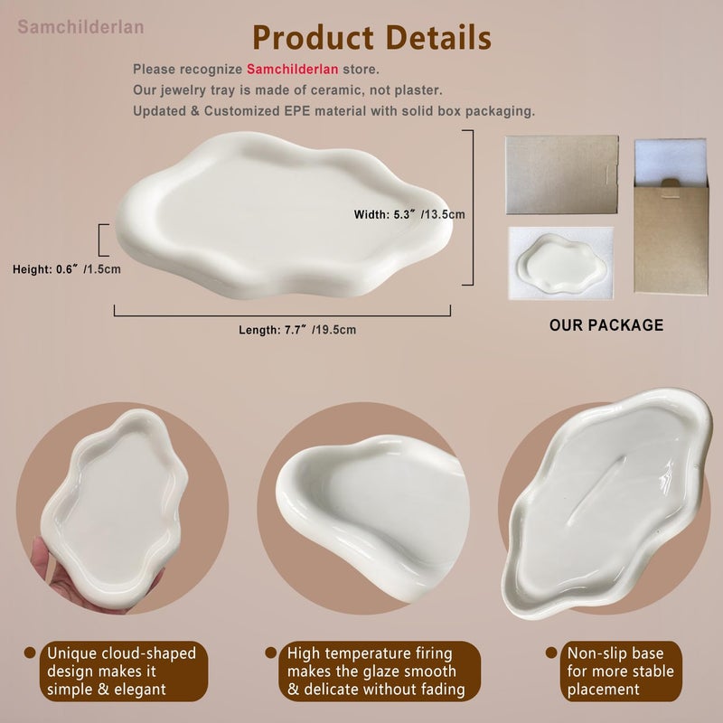 Samchilderlan Ceramic Jewelry Dish for Women, Jewelry Tray Trinket Dish, Irregular Cloud Shape Ceramic Plate, Watch Keys Tray Ring Dish Holder for Mother's Day/Christmas/Thanksgiving/Birthday Gift(White) - Image 5
