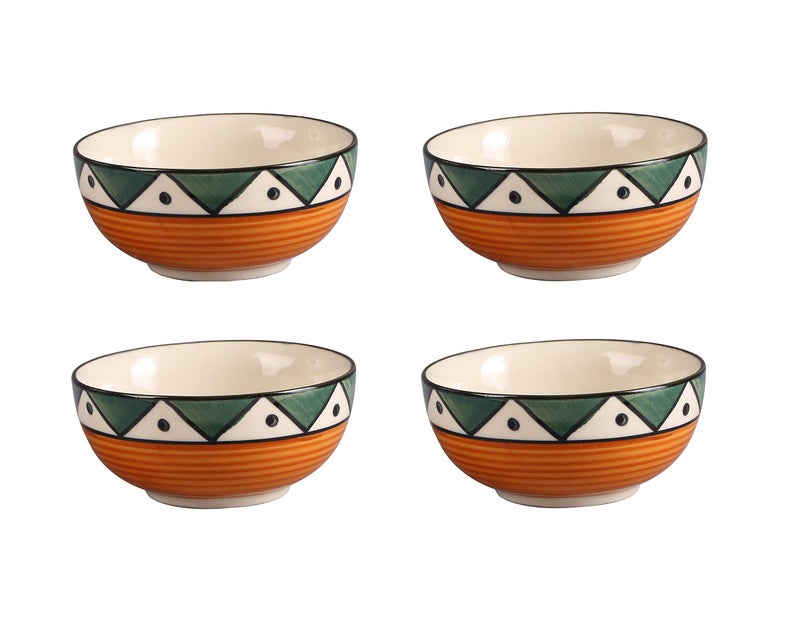 Caffeine Ceramic Handmade Green Tribal Katori Bowl Set of 4, 200 ml Capacity - Image 1