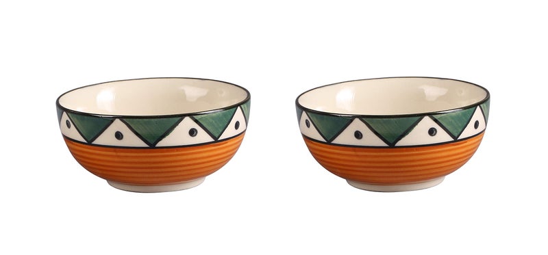 Caffeine Ceramic Handmade Green Tribal Katori Bowl Set of 4, 200 ml Capacity - Image 2