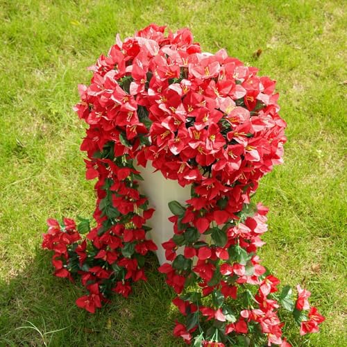 ATTGREAT Artificial Bougainvillea for Outdoors Faux Plants UV Resistant Flowers Fake Plastic Plants Realistic Silk Flowers for Porch Planter Garden Outside Hanging Decoration, 2Pcs (Red) - Image 1