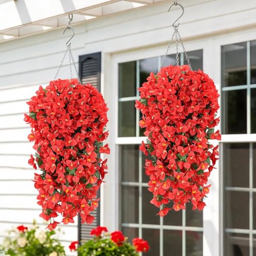 ATTGREAT Artificial Bougainvillea for Outdoors Faux Plants UV Resistant Flowers Fake Plastic Plants Realistic Silk Flowers for Porch Planter Garden Outside Hanging Decoration, 2Pcs (Red) - Image 5