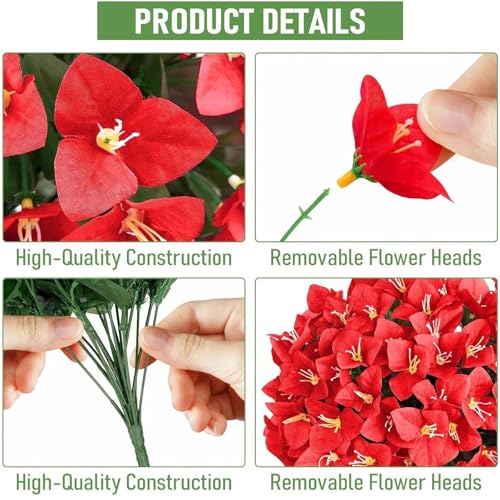ATTGREAT Artificial Bougainvillea for Outdoors Faux Plants UV Resistant Flowers Fake Plastic Plants Realistic Silk Flowers for Porch Planter Garden Outside Hanging Decoration, 2Pcs (Red) - Image 3