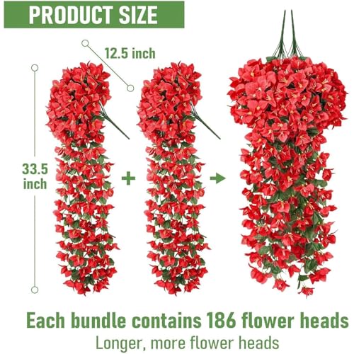 ATTGREAT Artificial Bougainvillea for Outdoors Faux Plants UV Resistant Flowers Fake Plastic Plants Realistic Silk Flowers for Porch Planter Garden Outside Hanging Decoration, 2Pcs (Red) - Image 2