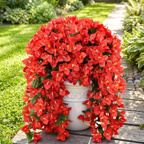 ATTGREAT Artificial Bougainvillea for Outdoors Faux Plants UV Resistant Flowers Fake Plastic Plants Realistic Silk Flowers for Porch Planter Garden Outside Hanging Decoration, 2Pcs (Red) - Image 4