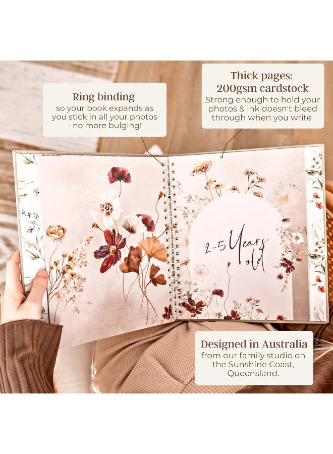 بيتشلي Baby Memory Book | Minimalist First Year Keepsake for Milestone | Simple Baby Scrapbook Books for Girl | 60 s Beige Linen - Fleur - Image 4