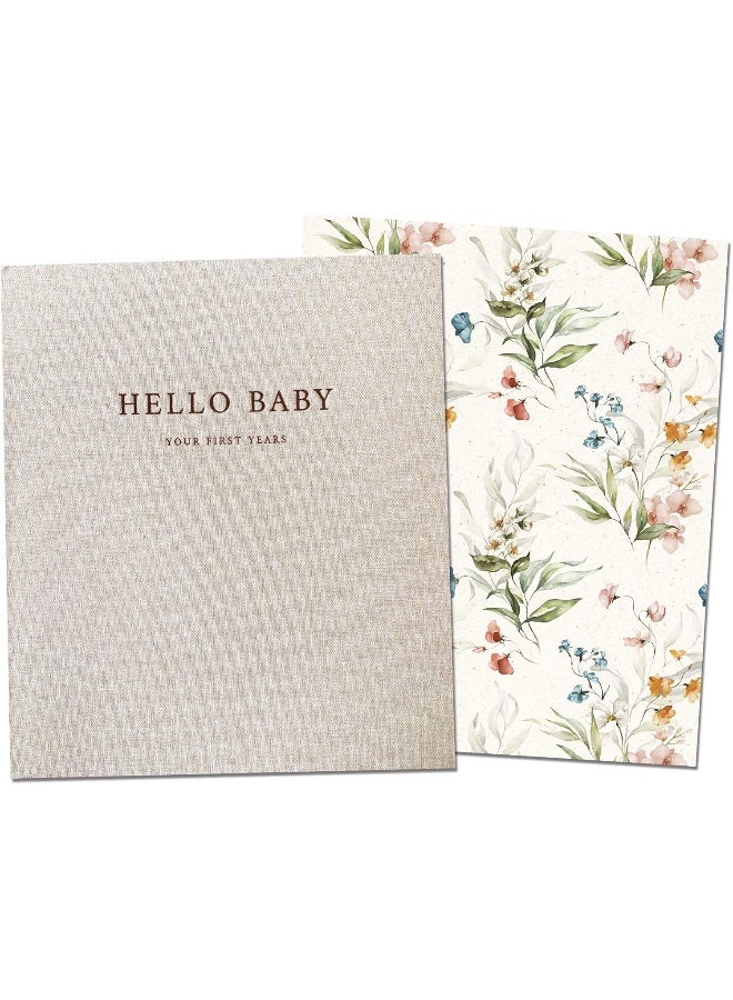 بيتشلي Baby Memory Book | Minimalist First Year Keepsake for Milestone | Simple Baby Scrapbook Books for Girl | 60 s Beige Linen - Fleur - Image 1