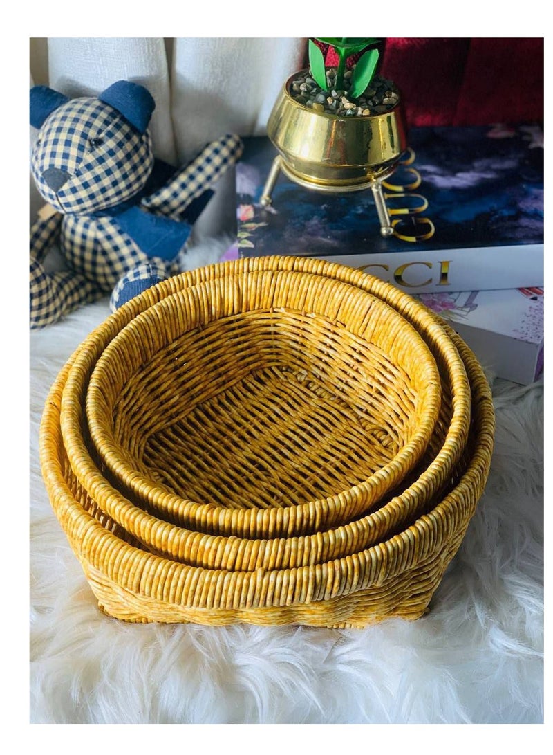 طقم 3 صواني رتان مستديرة بقاعدة معدنية من الخيزران , كبير: قطر 26 سم , وسط: قطر 23 سم , صغير: قطر 20 سم - Image 1