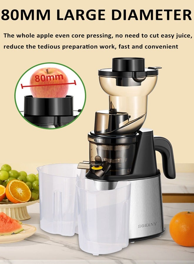 sokany Slow Masticating Juicer,Cold Press Juicer with 80MM Extra Large Feed Chute, 800W Slow Juicer Machines Fit Whole Vegetables and Fruits with High Juice Yield,Capable of Making Fruit Smoothies, Easy to Clean,SK-01010 (Silver) - Image 2