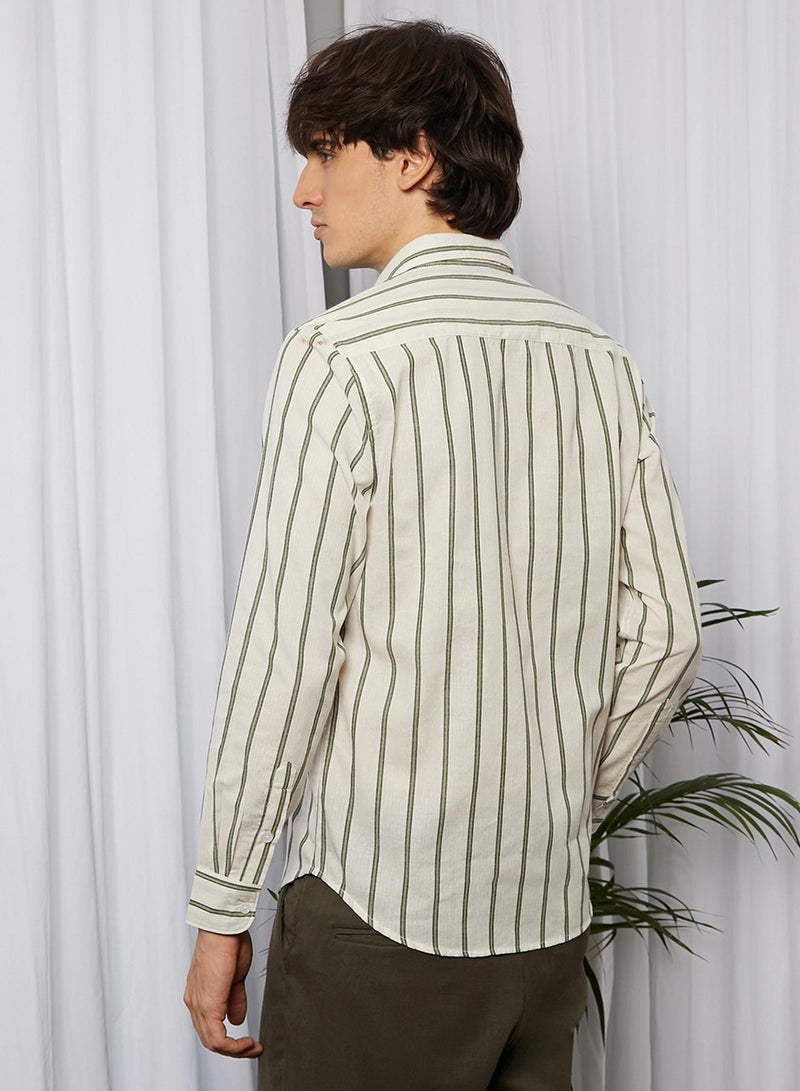 Campus Sutra Campus Sutra Men's Saltbox Beige & Sage Green Lined Halo-Striped Shirt For Casual Wear | Spread Collar | Long Sleeve | Button Closure | Shirt Crafted With Comfort Fit For Everyday Wear  - Image 5