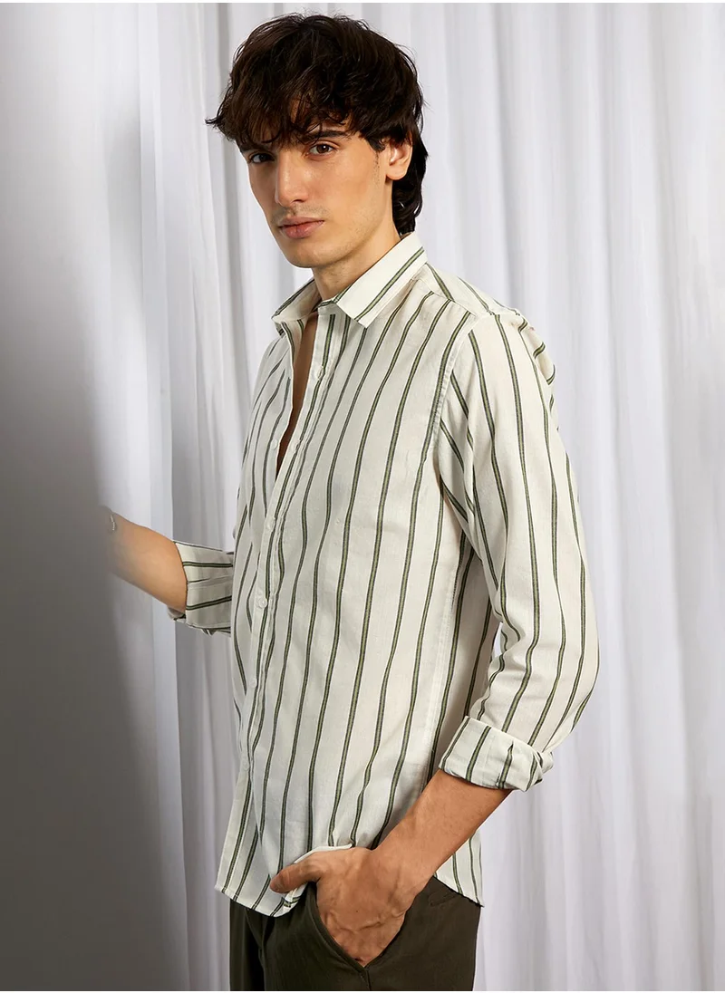 Campus Sutra Campus Sutra Men's Saltbox Beige & Sage Green Lined Halo-Striped Shirt For Casual Wear | Spread Collar | Long Sleeve | Button Closure | Shirt Crafted With Comfort Fit For Everyday Wear