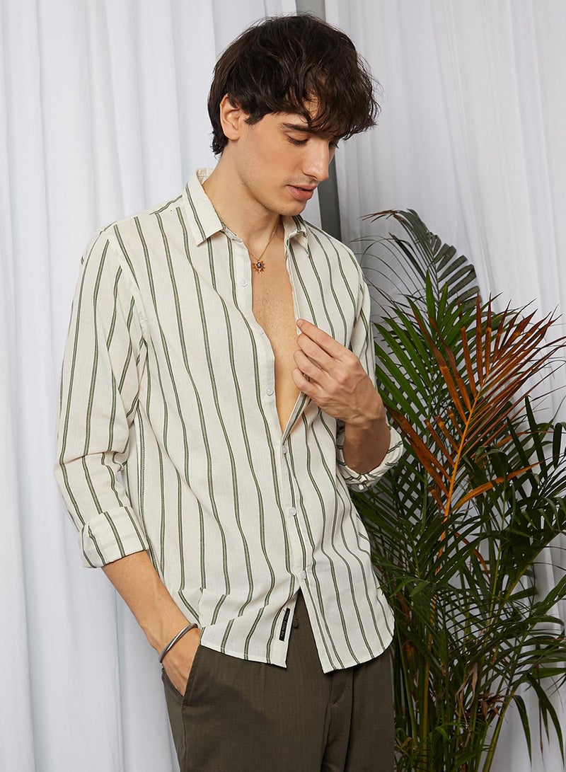 Campus Sutra Campus Sutra Men's Saltbox Beige & Sage Green Lined Halo-Striped Shirt For Casual Wear | Spread Collar | Long Sleeve | Button Closure | Shirt Crafted With Comfort Fit For Everyday Wear  - Image 3