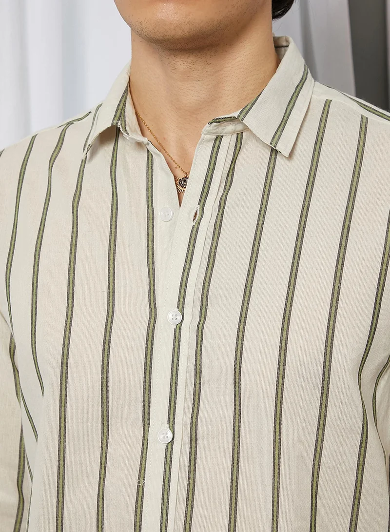 Campus Sutra Campus Sutra Men's Saltbox Beige & Sage Green Lined Halo-Striped Shirt For Casual Wear | Spread Collar | Long Sleeve | Button Closure | Shirt Crafted With Comfort Fit For Everyday Wear