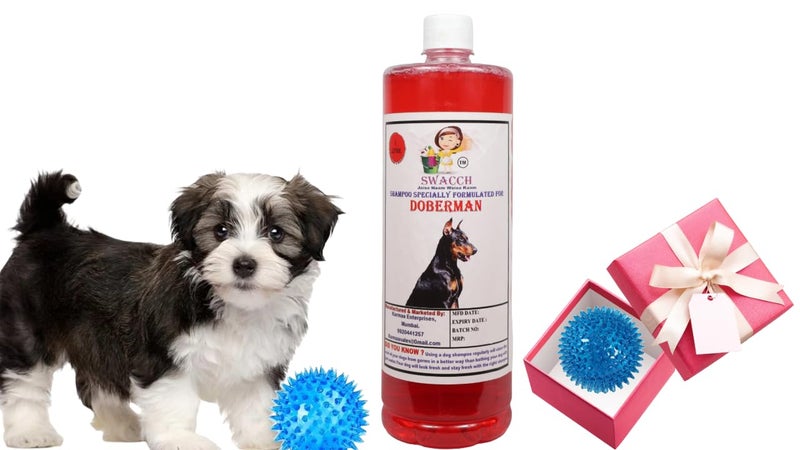 swacch Shampoo | Puppy Safe Shampoo | PH Balanced | Ditch to Itch for Doberman Shampoo 1 Litre (Strawberry) + Spike Ball Chew Toy Combo Pack - Image 1