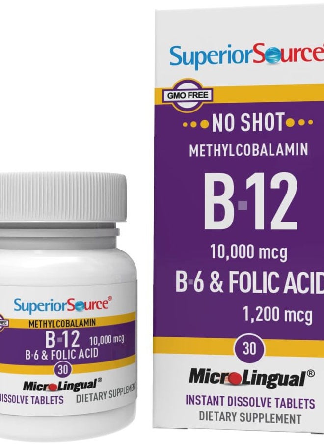 Superior Source No Shot Vitamin B-12 Methylcobalamin 10000 mcg, B-6 & Folic Acid 1200 mcg - Supports Brain & Heart Health - Aids Natural Energy Levels - 30 Sublingual Dissolving Tablets  - Image 1