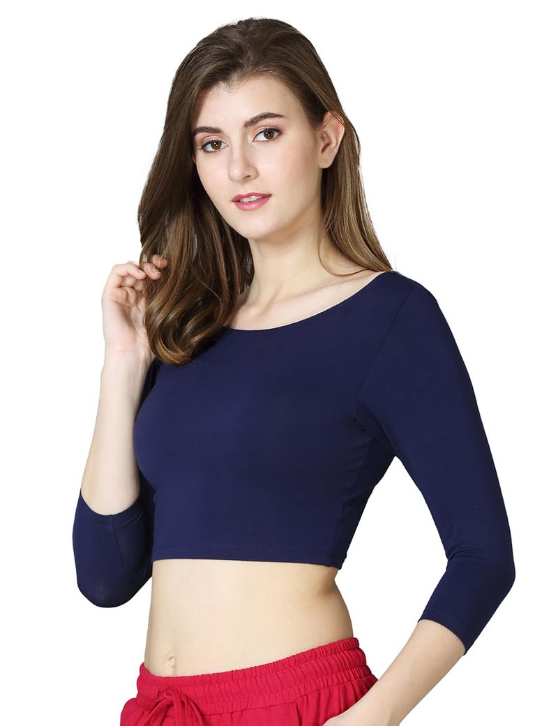 VSTAR Women's Cotton Viscose Solid Half Sleeve Blouse Navy - Image 2
