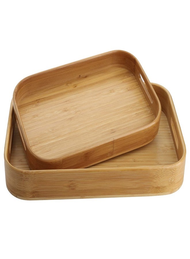 Dicunoy Set of 2 Bamboo Serving Tray, Solid Wood Breakfast Tray with Handles and Arc Angles, Large Size for Food, Dinner, Tea, Coffee, Bar, Parties, 15.6" L x 10.8" W /12.6" L x 8.5" W - Image 1