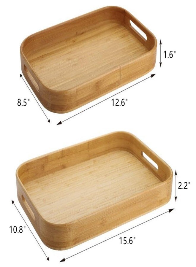 Dicunoy Set of 2 Bamboo Serving Tray, Solid Wood Breakfast Tray with Handles and Arc Angles, Large Size for Food, Dinner, Tea, Coffee, Bar, Parties, 15.6" L x 10.8" W /12.6" L x 8.5" W - Image 2