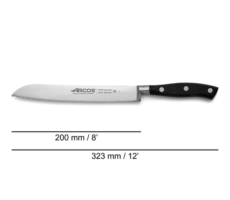 Arcos Forged Bread Knife 8 Inch Nitrum Stainless Steel and 200 mm blade Black POM handle Series Riviera - Image 2