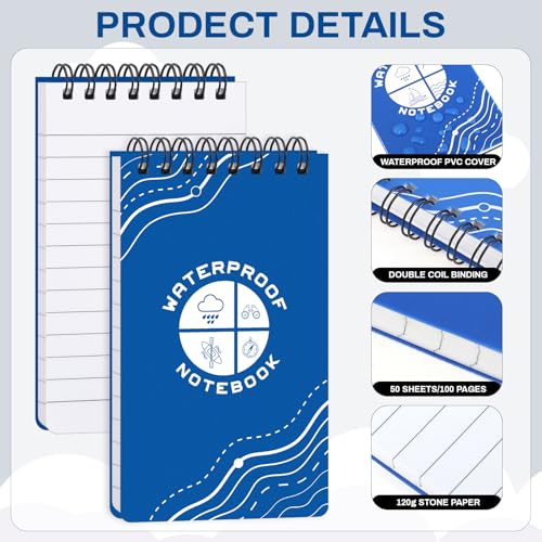 Thboxes 6 Pack Waterproof Pocket Notebook, 5" x 3" Top-Spiral Waterproof All Weather Notepad for Office School Police Outdoor Recording Steno Note Pads - Image 4