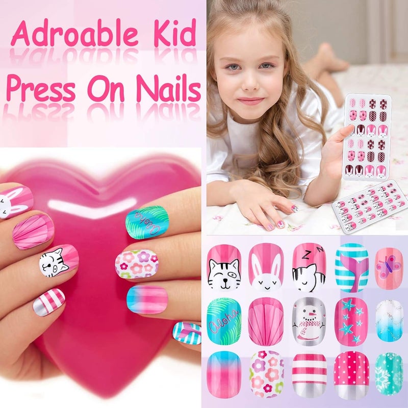 Thrilez Kids Press on Nails, 144Pcs Girls False Nails Children Artificial Fake Nail Tips Pre Glue Stick on Short Nails Decoration Gift for Kids Teens Girls Age 7 12 (Colorful Days) - Image 2