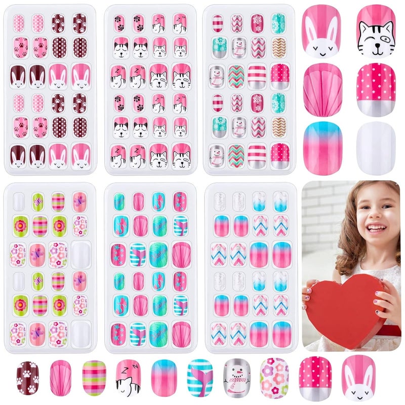 Thrilez Kids Press on Nails, 144Pcs Girls False Nails Children Artificial Fake Nail Tips Pre Glue Stick on Short Nails Decoration Gift for Kids Teens Girls Age 7 12 (Colorful Days) - Image 1