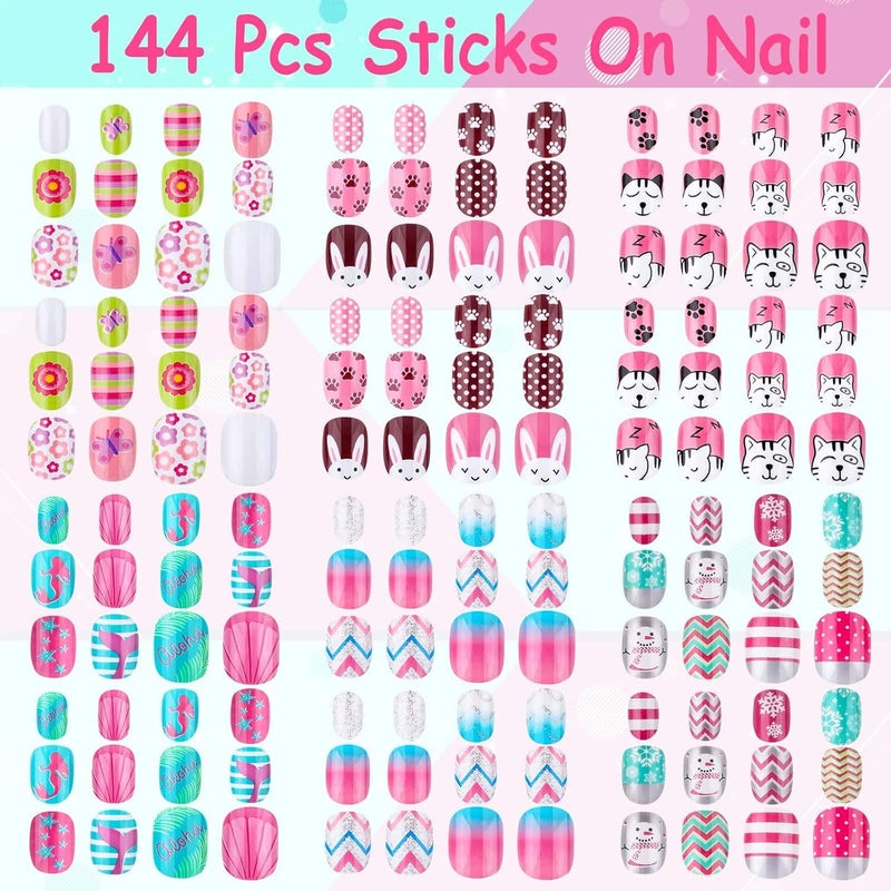 Thrilez Kids Press on Nails, 144Pcs Girls False Nails Children Artificial Fake Nail Tips Pre Glue Stick on Short Nails Decoration Gift for Kids Teens Girls Age 7 12 (Colorful Days) - Image 3