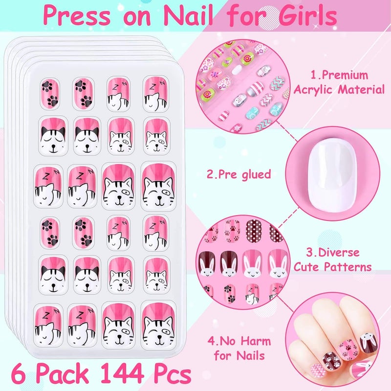 Thrilez Kids Press on Nails, 144Pcs Girls False Nails Children Artificial Fake Nail Tips Pre Glue Stick on Short Nails Decoration Gift for Kids Teens Girls Age 7 12 (Colorful Days) - Image 4