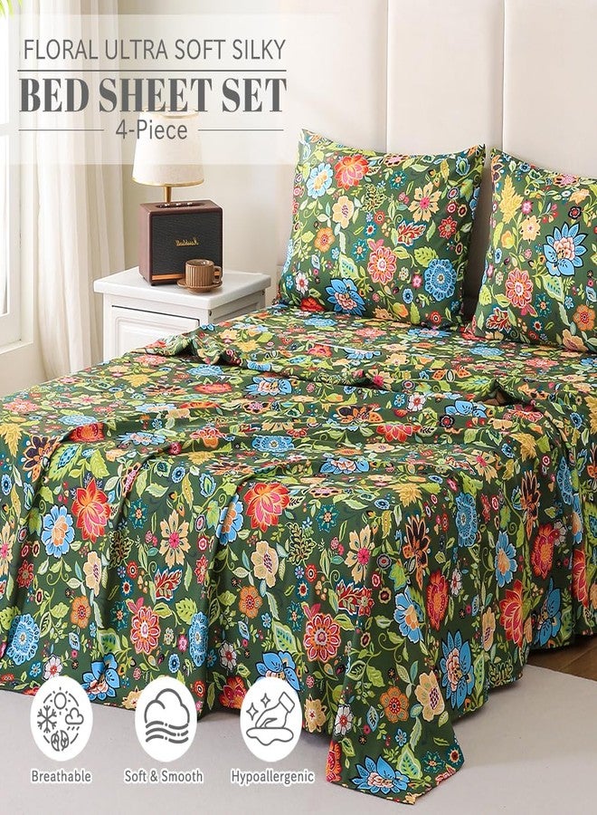 طقم ملاءات سرير Bedlifes مزدوج فائق النعومة، يسمح بمرور الهواء، مزين بنقوش زهور حريرية وجيب عميق، مصنوع من 100% ألياف دقيقة، 3 قطع، مقاس مزدوج، بنقشة زهور باللون الأخضر الداكن - Image 2
