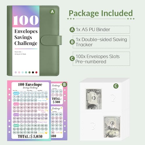 Sooez 100 Envelopes Money Saving Challenge, Savings Challenges Book with Envelopes, Flexible Saving $5050, $2600, $300, Savings Binder with 100 Pocket Pre-number & Reusable Laminated Tracker - Image 2