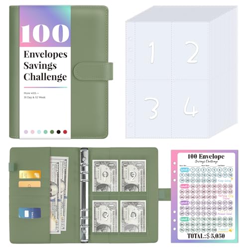 Sooez 100 Envelopes Money Saving Challenge, Savings Challenges Book with Envelopes, Flexible Saving $5050, $2600, $300, Savings Binder with 100 Pocket Pre-number & Reusable Laminated Tracker - Image 1