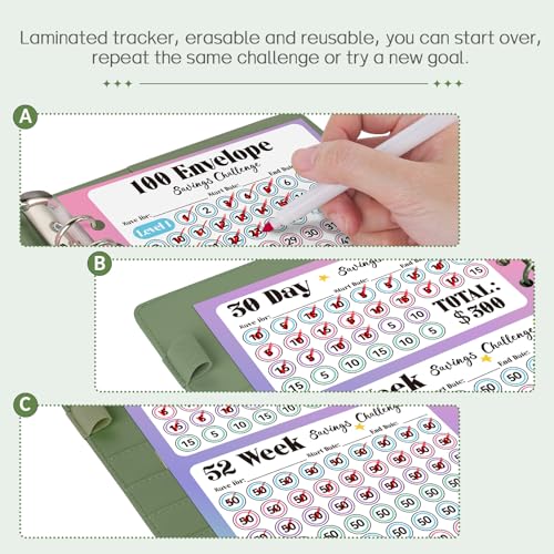 Sooez 100 Envelopes Money Saving Challenge, Savings Challenges Book with Envelopes, Flexible Saving $5050, $2600, $300, Savings Binder with 100 Pocket Pre-number & Reusable Laminated Tracker - Image 4