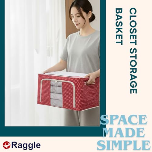 Raggle 2 PCS polycotton Clothes Storage Organizer Bins, Foldable Storage Bins-Cloth Steel Frame Storage Box with Foldable Clear Window & Reinforced Handles (Red, 66L-2) - Image 3