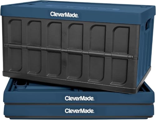 CleverMade Collapsible Storage Bins with Lids Ocean 3 Pack 46L Plastic Containers Stackable Organization Crates Home Closet SpaceSaving Durable