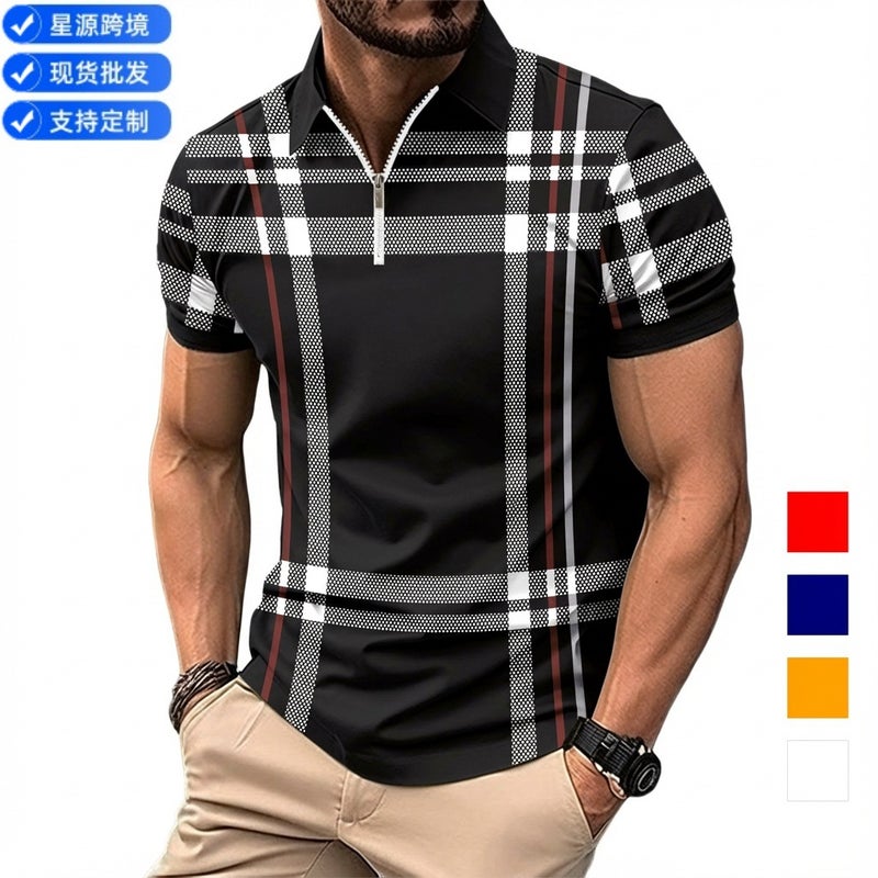 Men's Zippered Polo Shirt Striped Print Sports Top - Image 1